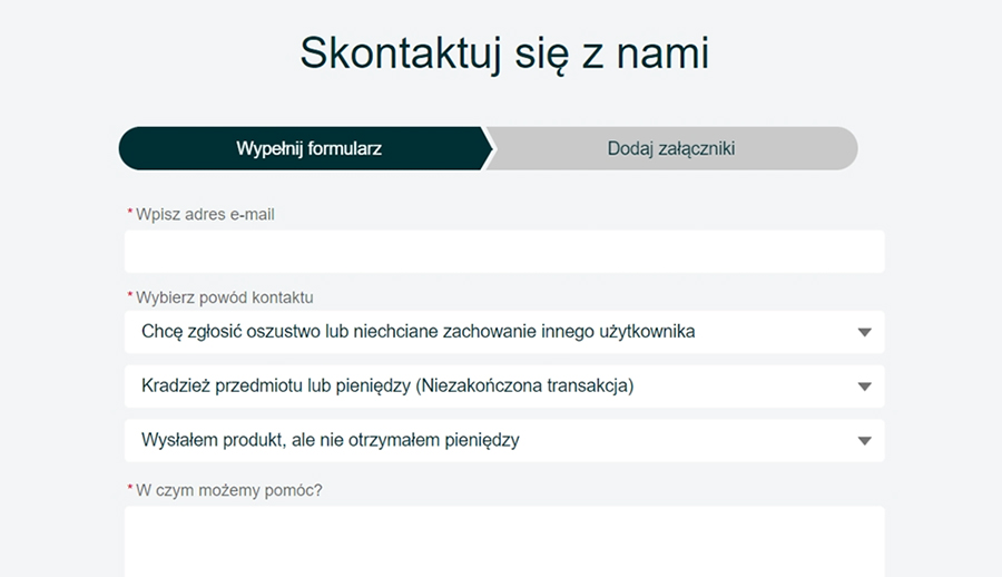 Formularz OLX do zgłaszania oszustw.