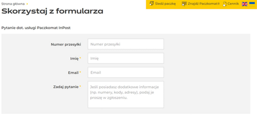 Formularz kontaktowy InPost do weryfikacji podejrzanych wiadomości.