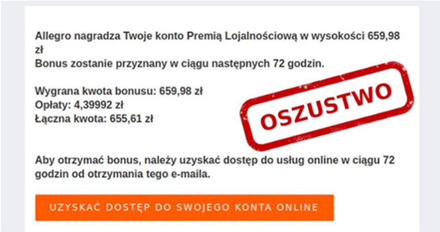 Kradzież danych od użytkowników Allegro poprzez fałszywe maile z linkami dotyczące rzekomych premii lojalnościowych.