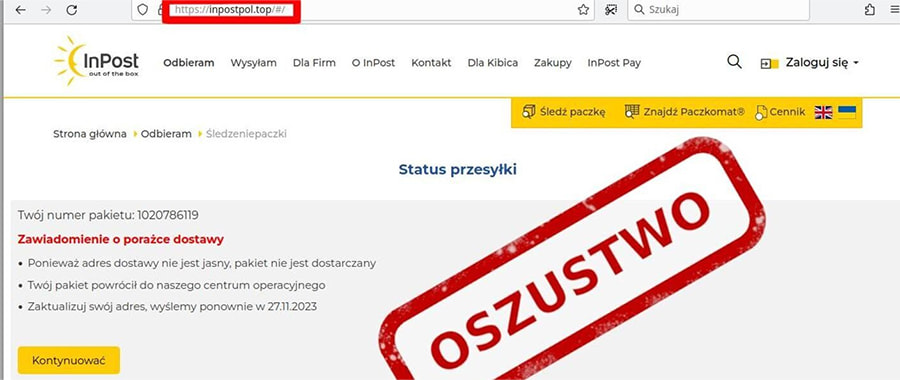 Oszustwa na InPost poprzez fałszywe informacje na temat problemów z dostawą.