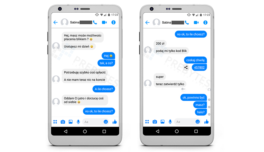 Przykład oszustwa na BLIK na Messengerze.