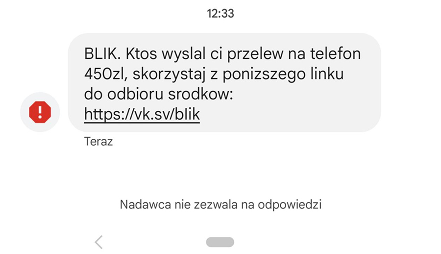 Przykład oszustwa na BLIK'a przez SMS.