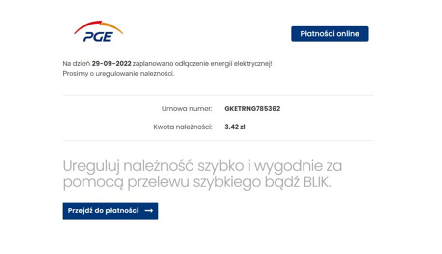 Przykład oszustwa na BLIK'a przez e-mail.