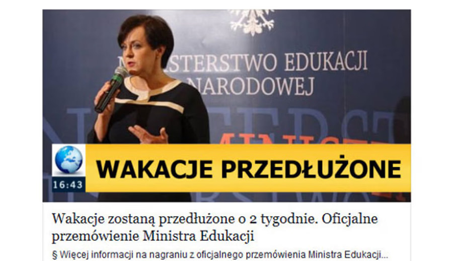 Przykład oszustwa na Facebooku poprzez fałszywy artykuł na temat przedłużonych wakacji.