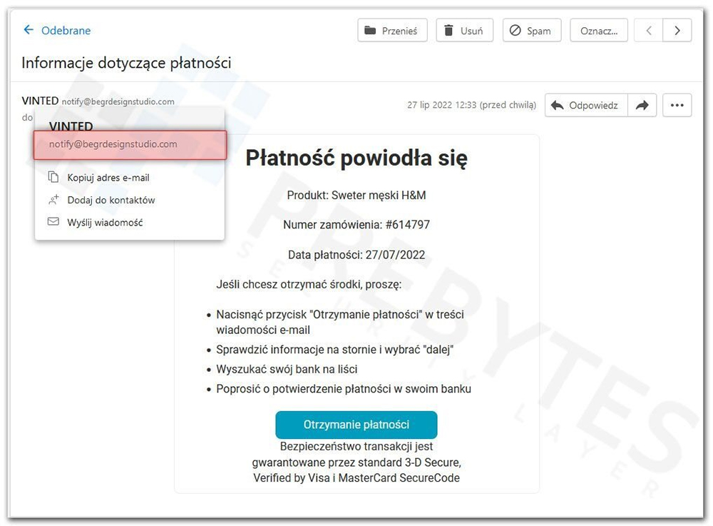 Próba oszustwa na Vinted poprzez fałszywe emaile.