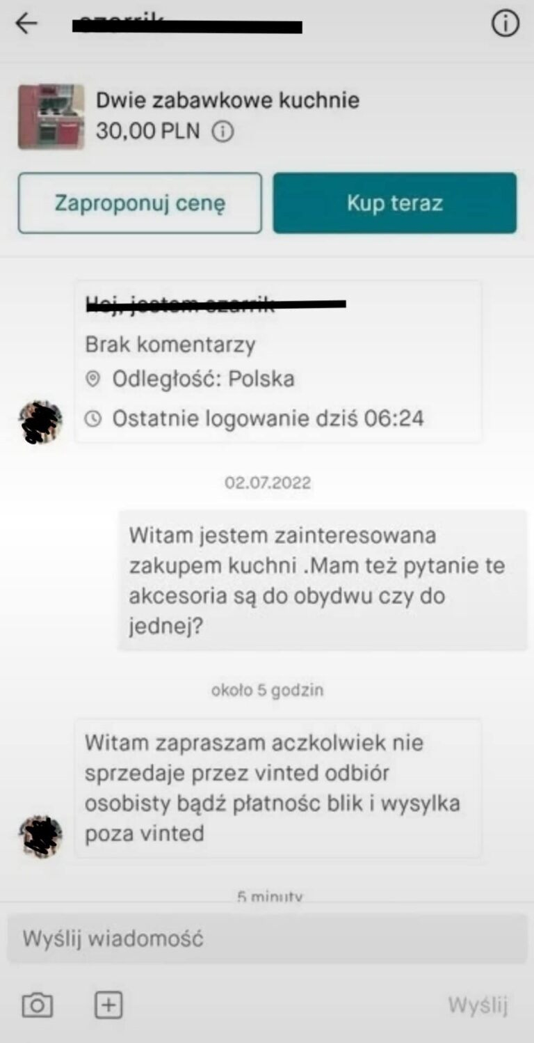 Próba realizacji transakcji poza Vinted w celu dokonania oszustwa.