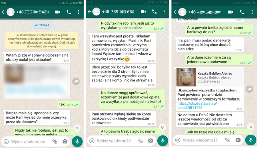 Przykład oszustwa na OLX przez komunikator WhatsApp.